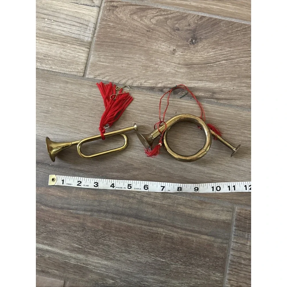 Christmas Holiday Brass Horns Musical Instruments Ornaments Set Of 2